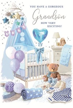 Birth of New Baby Grandson Card - Blue White Nursery with Silver Foil 7.75x5.25" Birth of New Baby Grandson Card - Blue White Nursery with Silver Foil 7.75x5.25"