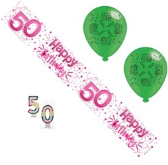 Age 50 Female Birthday Party Pack - 50th Banner, Balloons, Number Candles
