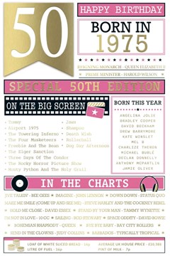 2025 50th Female Birthday Card - 1975 Was A Special Year - Pink 50 9x6"