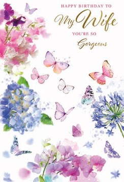 Wife Birthday Card - Pink & Lilac Flowers Butterflies with Gold Foil 7.75x5.25"