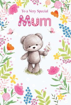 Mum Birthday Card - Bear with Bright Flower Border and Glitter 7.5x5.25"