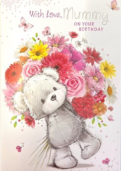 Mummy Birthday Card - Bear Bunch of Flowers Butterflies & Silver Foil 7.75x5.25" Mummy Birthday Card - Bear Bunch of Flowers Butterflies & Silver Foil 7.75x5.25"