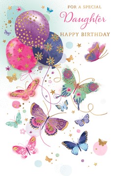 Daughter Birthday Card - Pink Purple Blue Butterflies Balloons & Foil 7.75x5.25" Daughter Birthday Card - Pink Purple Blue Butterflies Balloons & Foil 7.75x5.25"