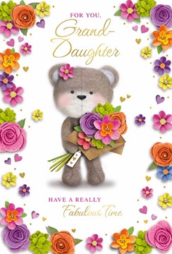 Granddaughter Birthday Card - Bear Holding Bright Flowers & Gold Foil 7.75x5.25"