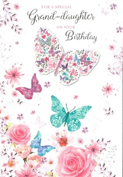 Granddaughter Birthday Card - Butterflies and Flowers with Gold Foil 7.75x5.25"