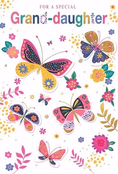 Granddaughter Birthday Card - Butterflies and Flowers with Gold Foil 7.75x5.25"