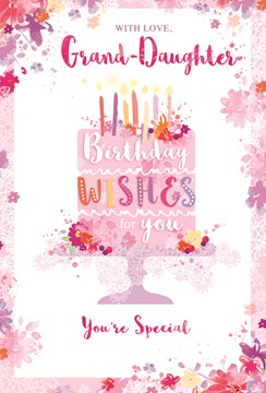 Granddaughter Birthday Card - Pink Lilac Cake Flowers with Glitter 7.75" x 5.25"