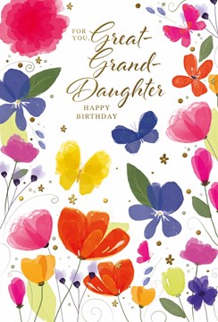 Great Granddaughter Birthday Card - Bright Flowers Butterflies & Foil 7.75x5.25"