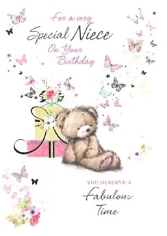 Niece Birthday Card - Bear Gifts & Butterflies with Foil 7.5 x 5.25"