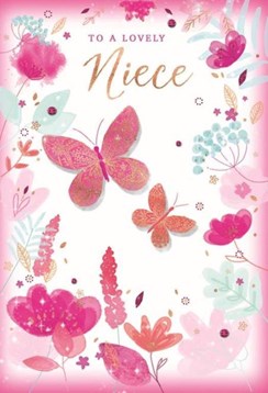 Niece Birthday Card - Pink Flowers and Butterflies with Gold Foil 7.75x5.25"