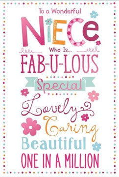 Niece Birthday Card - Pink Blue Orange Text Flowers Spots Pink Foil 7.75x5.25"