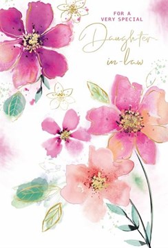 Daughter-in-Law Birthday Card - Pink Watercolour Flowers Gold Foil 7.75x5.25"