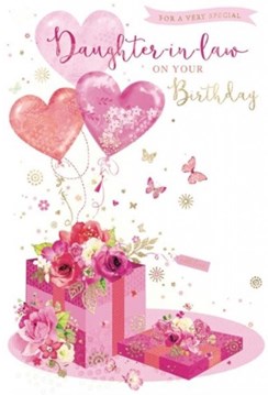 Daughter-in-Law Birthday Card - Pink Balloons Flower Butterflies Foil 7.75x5.25"