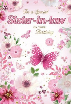 Sister-in-Law Birthday Card - Pink Butterflies Flowers with Gold Foil 7.75x5.25"