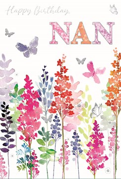 Nan Birthday Card - Pink Lilac Orange Flowers Butterfly Silver Foil  7.75x5.25"