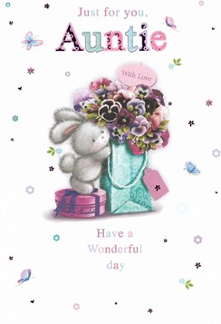 Auntie Birthday Card - White Rabbit Pansy Flowers and Butterflies 7.75" x 5.25"