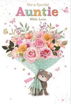 Auntie Birthday Card - Bear with Bouquet of Flowers Butterflies & Foil 7.75x5.25