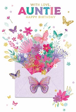 Auntie Birthday Card - Pink Lilac Green Butterflies Flowers Gold Foil 7.75x5.25"