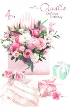 Auntie Birthday Card - Pink White Flowers in Envelope with Glitter 7.75x 5.25"