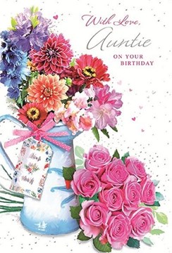Auntie Birthday Card - Pink Roses and Flowers in Jug with Silver Foil 7.75x5.25"