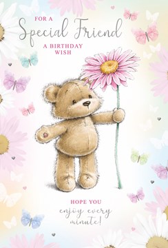 Special Friend Birthday Card - Bear Giant Flower Butterflies and Foil 7.75x5.25"