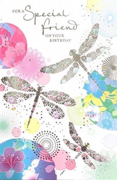 Special Friend Birthday Card - Silver Foil Dragonflies with Flowers 7.75x5.25"