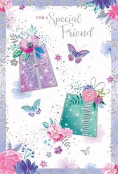 Special Friend Birthday Card - Lilac Green Gifts Butterflies & Flower 7.75x5.25"