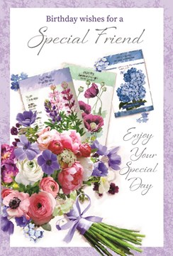 Special Friend Birthday Card - Pink White Lilac Flowers & Silver Foil 7.75x5.25"