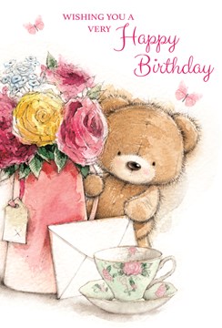 Open Female Birthday Card - Brown Bear Flowers in Jug and Tea Cup 7.75x5.25"