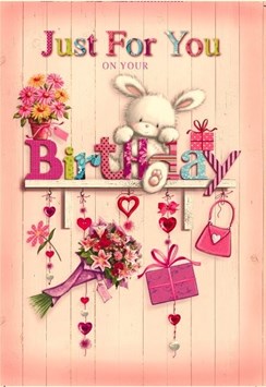 Open Female Birthday Card - Grey Rabbit, Flowers, Presents & Shelf 7.75" x 5.25"