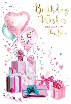 Open Female Birthday Card - Pink Lilac Presents and Balloons Gold Foil 7.5x5.25"