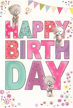 Open Female Birthday Card - Grey Bears, Bright Text & Pink Flowers 7.75" x 5.25"