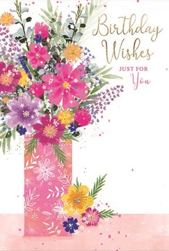 Open Female Birthday Card - Bright Flowers in Pink Vase with Gold Foil 7.75x5.25