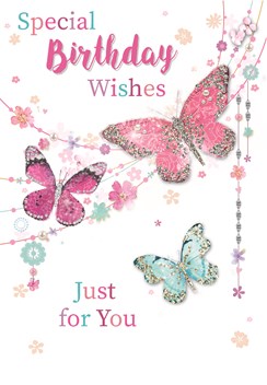 Open Female Birthday Card - Pink and Blue Butterflies and Flowers 7.75x5.25" Open Female Birthday Card - Pink and Blue Butterflies and Flowers 7.75x5.25"