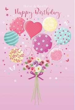 Open Female Birthday Card - Bouquet of Flowers & Balloons with Foil 7.75x5.25"