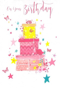 Open Female Birthday Card - Stacked Presents Butterflies Stars Glitter 7.75x5.25