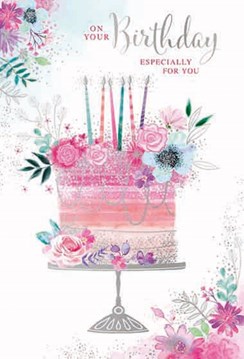 Open Female Birthday Card - Floral BIrthday Cake with Silver Foil 7.75x5.25"