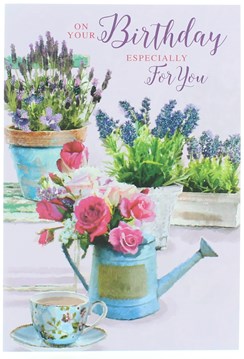 Open Female Birthday Card -Watering Can Pink Flowers Lavender & Glitter 7.7x5.25
