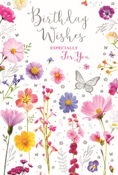 Open Female Birthday Card - Wild Flowers and Butterflies Silver Foil 7.7x5.25 Open Female Birthday Card - Wild Flowers and Butterflies Silver Foil 7.7x5.25