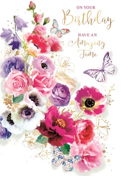 Open Female Birthday Card Pink White Lilac Flowers Butterflies & Foil 7.75x5.25"