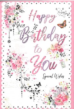 Open Female Birthday Card -Flowers & Butterfly with Silver Foil Detail 7.5x5.25"