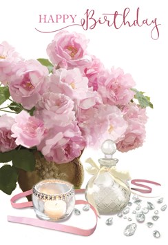 Open Female Birthday Card - Pink Flowers & Candle with Glitter 7.75x5.25"