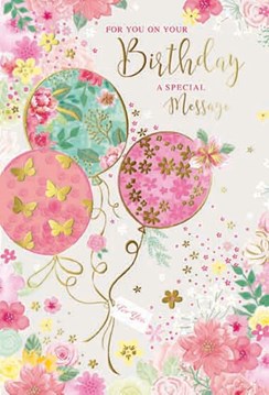Open Female Birthday Card - Pink Green Balloons Flowers & Butterflies 7.75x5.25"