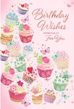 Open Female Birthday Card - Cupcakes with Flowers Butterflies & Foil 7.75x5.25"