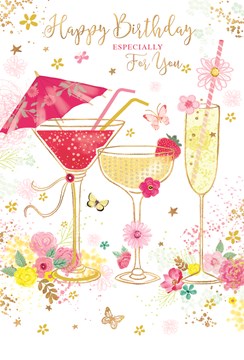 Open Female Birthday Card - Cocktails and Flowers with Gold Foil 7.75x5.25"
