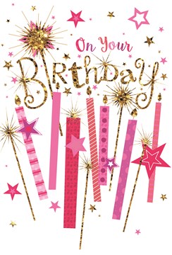 Open Female Birthday Card - Pink Candles Stars & Gold Glitter 7.75" x 5.25"
