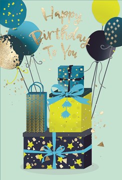Open Male Birthday Card - Blue Yellow Presents Balloons and Gold Foil 7.75x5.25"