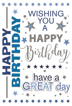 Open Male Birthday Card - Blue Writing and Star with Silver Foil 7.75" x 5.25"
