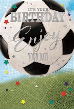 Open Male Birthday Card - Big Football above Pitch and Silver Foil 7.5x5.5" Open Male Birthday Card - Big Football above Pitch and Silver Foil 7.5x5.5"