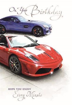 Open Male Birthday Card - Blue and Red Sports Cars with Silver Foil 7.75x5.25" Open Male Birthday Card - Blue and Red Sports Cars with Silver Foil 7.75x5.25"